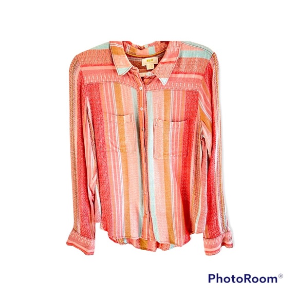 Anthropologie Maeve Calipatria Peach Coral Woven Textile Button Down Top 10 - Picture 2 of 5